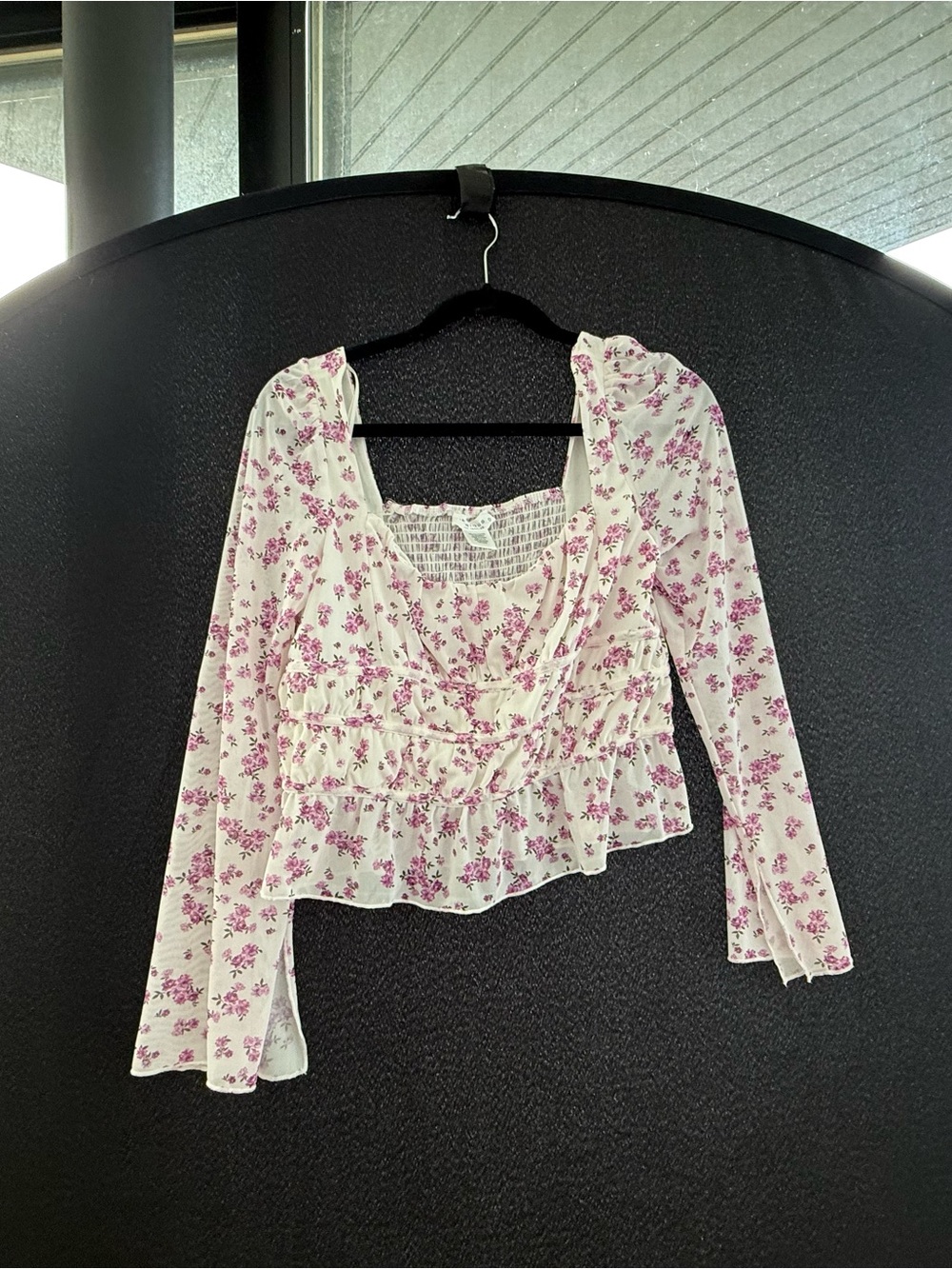 Floral Square-Neck Peplum Top in White and Pink